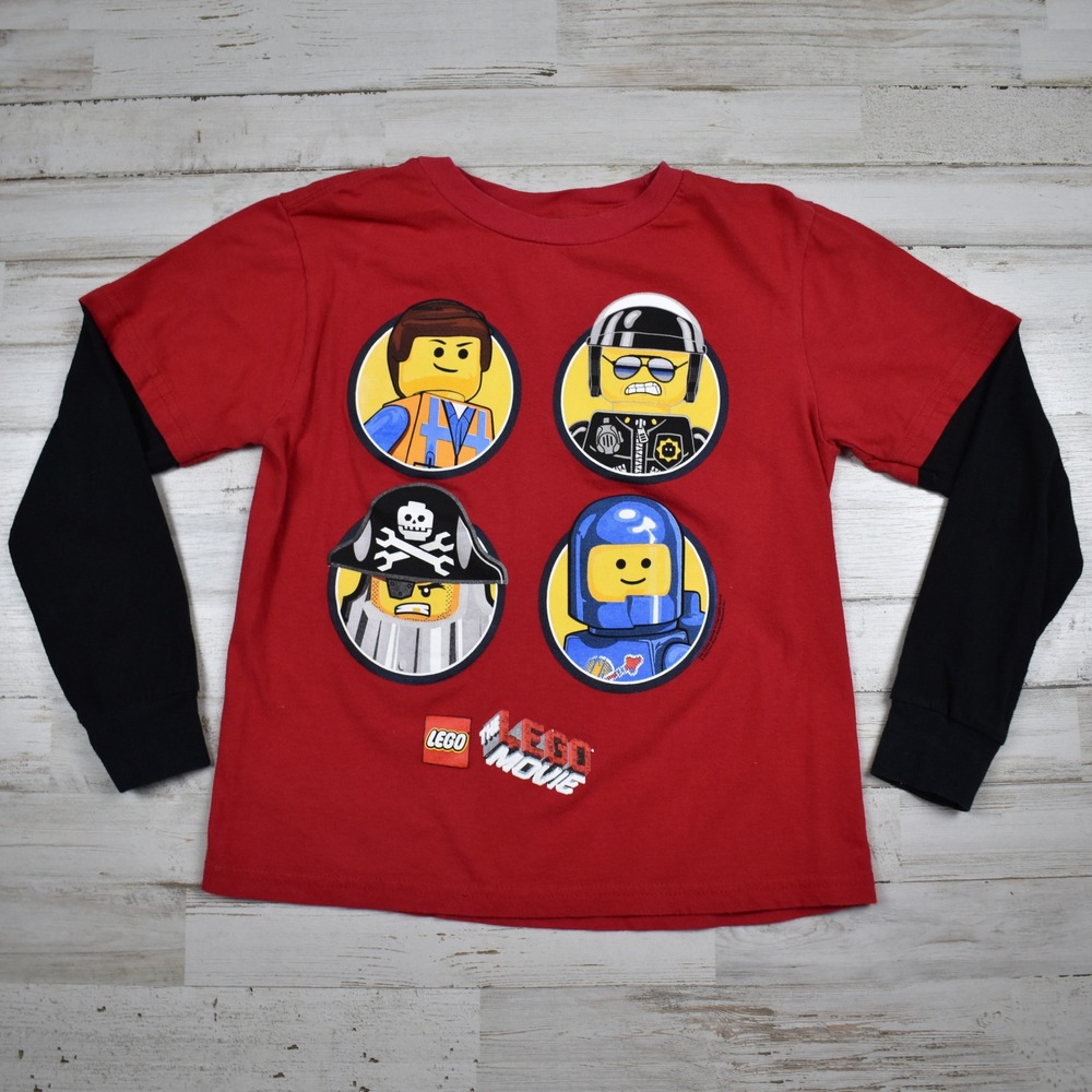 LEGO Movie Graphic Tee Boys L (7) Red Black Long Double Sleeve Layered Look Top
